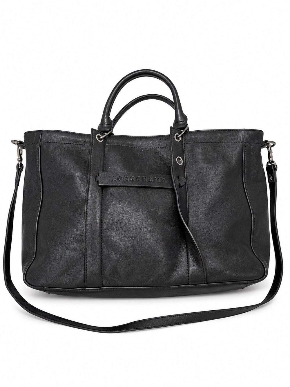 Longchamp 3D Medium Black Leather Tote Shoulder Bag
